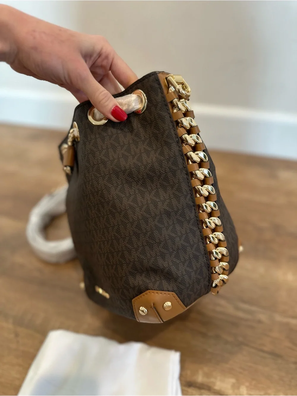 Michael Kors Dark Brown Logo Bucket Shoulder Bag with Tan Trim and Gold Hardware